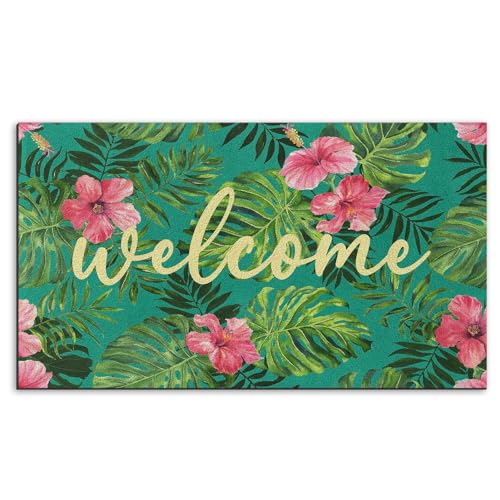 Arttown Summer Monstera Palm Leaf Door Mat, 17x30 Tropical Camouflage Gray Welcome Doormat Decorative Home Floor Mat, Non Slip Rubber Back and Strong Water Absorption for Outdoor Indoor Entrance Decor - color: Palm Hawaiian Leaves