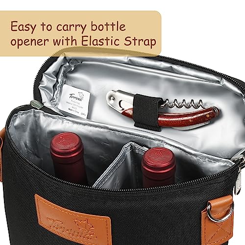 Tirrinia 2 Bottle Leakproof Insulated Wine Tote Carrier Bag - Padded Cooler for Travel, Restaurants, Tasting, Parties, Great Gift for Wine Lovers - color: Black, size: 2 Bottle-without front pocket