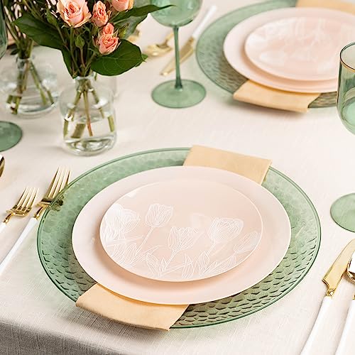 PLASTICPRO 32 Pack Elegant Disposable Plastic Plates Combo Set Includes 16 Dinner Plates and 16 Salad Plates Heavy Duty Fancy Party Plates Pink and White Tulip Design - color: Pink & White Tulip Design