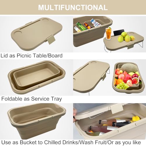 Foldable Picnic Basket Large Capacity Camping Folding Basket with Table Car Trunk Organiser Can be Used as Ice Bucket Suitable for Camping, car Storage, Home Sorting, etc. (Khaki) - color: Khaki
