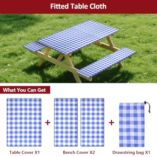 6ft Picnic Table and Bench Cover, Camping Essentials RV Gear, 72in Waterproof Windproof Outdoor Elastic All Around Tablecloth, Fitted Rectangle Tables and Seats, Blue-White Checkered - color: Blue-white Checkered, size: 72"