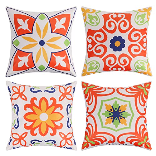 Pyonic Outdoor Waterproof Throw Pillow Covers for Patio Furniture Decorative Boho Pillow Covers 18x18 Floral Printed for Patio Tent Couch Garden Set of 4,Orange - color: Orange, size: 18" x 18" (Pack of 4)