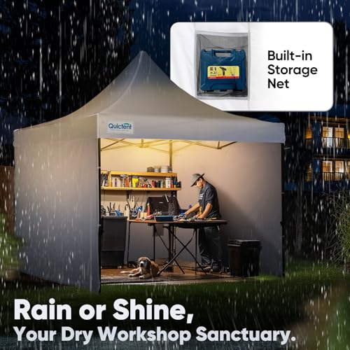 Quictent 10x10 Heavy Duty Pop up Canopy Tent with 3 Removable Sidewalls, Commercial Grade Instant Shelter with Wheeled Bag for Outdoor, Parties, Markets, 600D PU Coated UPF 50+ Sun Shield - color: Off White, size: 10x10