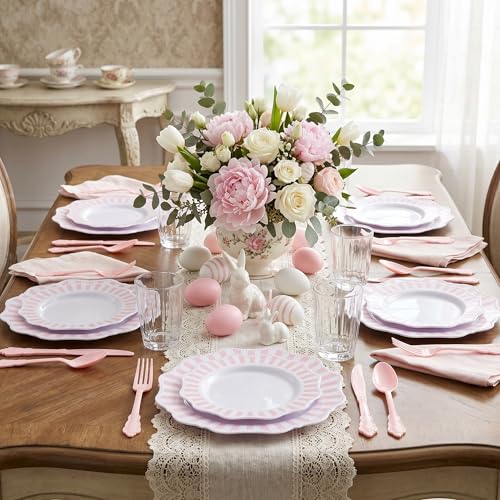 COLOSUS 150pcs Disposable Pink and White Stripped Plastic Plates and Silverware set, Light Pink Dinner/Dessert Plates silverware serve 30guests for Easter Day, Wedding Party and Daily use. - color: White+Pink