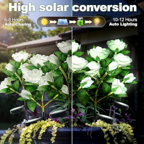 Anordsem Solar Garden Lights Outdoor: 20 Waterproof Fabric Roses 4 Pack - White LED Flower Decorations for Yard Patio Path Cemetery Grave - Birthday Gifts for Women Mom Wife - color: White, size: 4 Pack