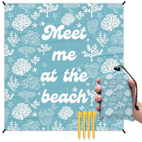 Meet Me at The Beach Pocket Picnic Blankets, Blue Ocean Coastal Outdoor Beach Camping Blanket Waterproof Sandproof, Sea Coral Grass Mini RV Picnic Mat for Camper Campsite Travel 55x60in - color: Coral