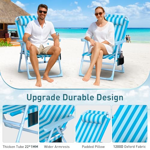 Suteck Backpack Beach Chair, 6-Positions Beach Chairs for Adults with Cooler Bag, Reclining Beach Chair with Cup Holder Folding Camping Chair for Sand Outdoor - color: Light Sky