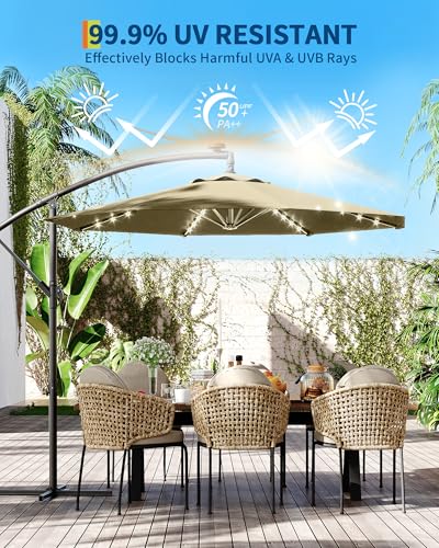 Jojoka 10FT Cantilever Patio Umbrella with Solar LED Lights - Offset Outdoor Umbrella - Easy Lift & Tilt - UV Protection - Fade Resistant - Ideal for Deck, Pool, Garden - color: Beige