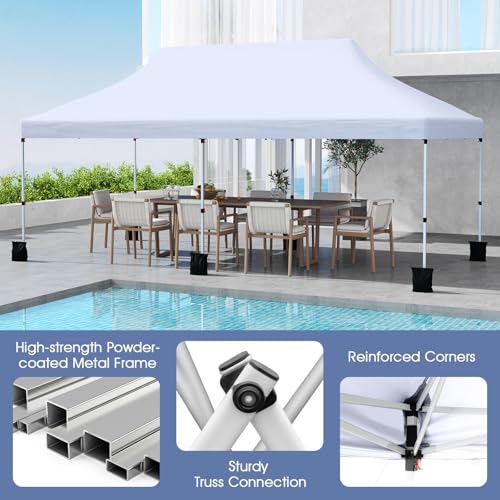 Tangkula 10x20 Ft Pop Up Canopy, Instant Setup Tent with 6 Sandbags, 12 Stakes & 6 Ropes, UPF 50+ Portable Outdoor Canopy Tent with Carrying Bag for Camp, Beach, Patio (White) - color: White, size: 10x20 Ft