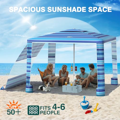 Rhino Valley Beach Cabana, 8 * 8FT Beach Tent UPF50+ Protection, Easy Setup Beach Canopy Wind Resistant with Cup Holder, Compact Beach Shade Foldable Beach Tent Sun Shelter, Blue Four Stripes - color: Blue Four Stripes