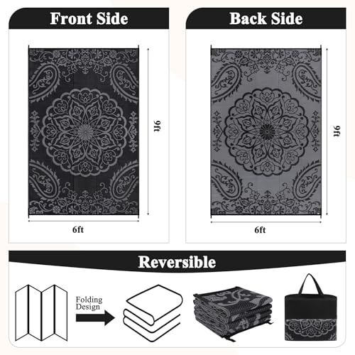 Pauwer Waterproof Outdoor Rug 6x9, Reversible Plastic Straw Patio Camping Rug, Indoor Outdoor RV Mat Carpet for Deck, Camper, Porch, Balcony, Backyard, Picnic, Boho Black Grey - color: Boho Black Grey, size: 6' x 9' (Rectangular)