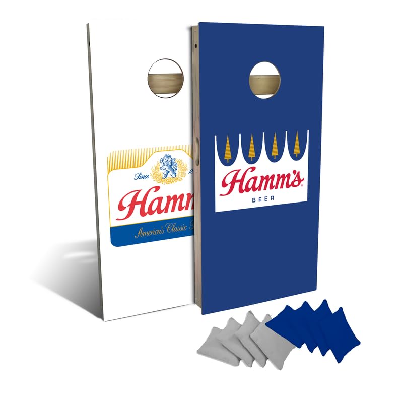 Slick Woody's Professional-Grade Cornhole Boards - 4'x2' Solid Wood Regulation Man Cave + Beer Branded Corn Hole Toss Game with 8 Resin Filled Bags - color: Hamm's Split