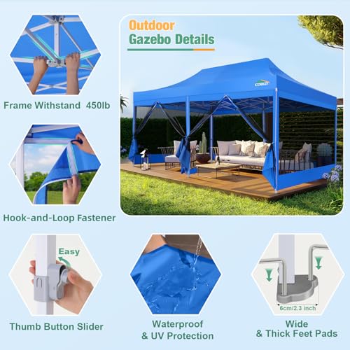 COBIZI 10x20 Canopy Tent, Heavy Duty Pop up Canopy with Sidewalls, Waterproof Easy Setup Canopy with Mosquito Netting, Outdoor Instant Screen Tents for Parties, Wedding with Roller Bag, Blue - color: Blue, size: 10x20FT