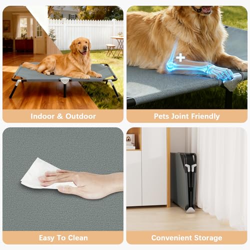 Folding Elevated Dog Bed for Large Dogs, Portable Raised Camping Outdoor Dog Bed, Washable Elevated Pet Beds with No-Slip Feet, Raised Cooling Pet Beds for Indoor & Outdoor Use, Grey, 44 Inches