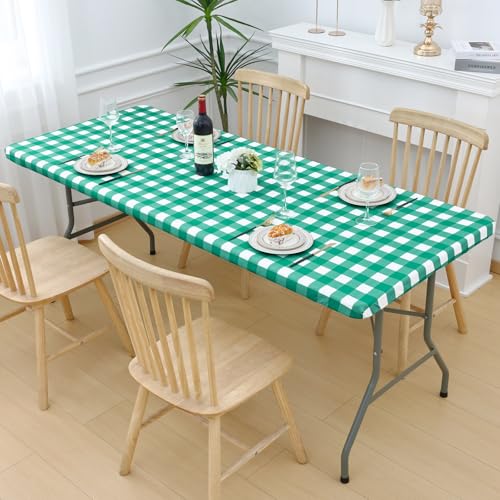 Smiry Picnic Table Cloth 2 Pack, Waterproof Elastic Fitted Tablecloths for 24x48 Rectangle Tables, Washable Polyester Buffalo Plaid Tablecloth for Camping, Dining & Outdoor (Green & White, 24" x 48") - color: Green and White, size: 24" x 48"