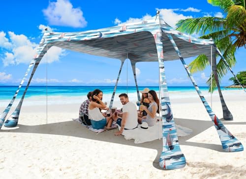 Beach Tent Sun Shelter 10x10ft Beach Canopy Easy Pop Up Sun Shade Portable UPF50+ with 8 Sandbags-2 Sand Shovel-4 Aluminum Poles-Ground Pegs for Outdoor Family Camping Fishing Backyard Picnic - color: Ocean Sailing, size: 10x10 FT 4 Pole