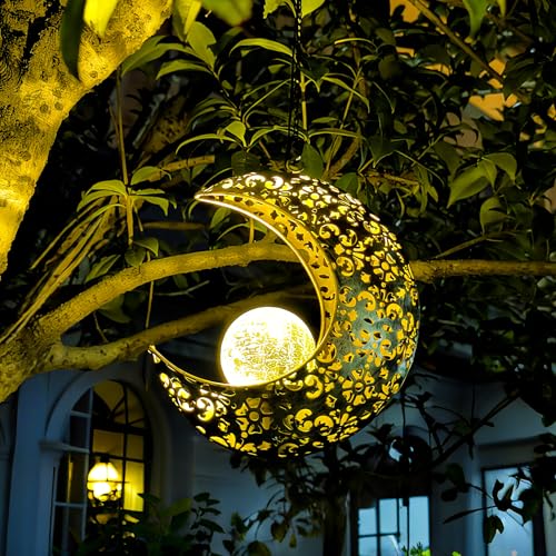 Solar Garden Hanging Moon Lights Outdoor Decor,Metal Lanterns Art Decorations for Outside Yard Lawn Patio Wall Fences Driveway Trail,Unique Housewarming Gardening Gifts for Women Mom - size: 1 PACK Moon