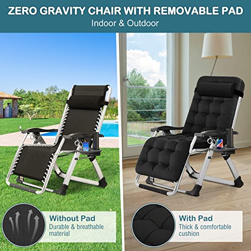 NAIZEA Padded Zero Gravity Chair, Folding Outdoor Lounge Chairs, Adjustable Reclining Camping Chairs with Cup Holder, Ergonomic Patio Lawn Chair for Balcony Beach Deck Yard - color: Black, style: Zero Gravity Chair 2 Pack