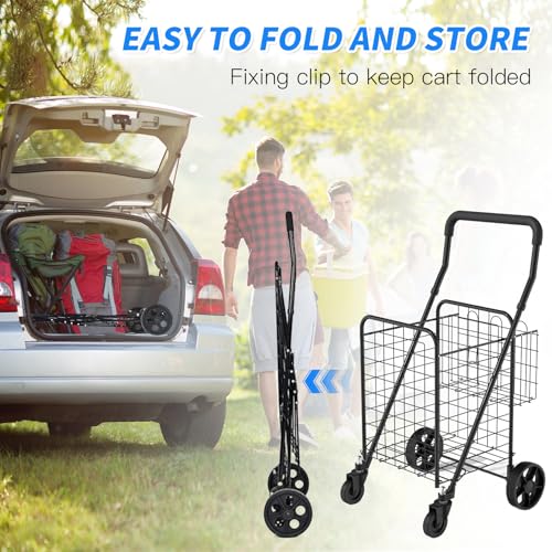 Folding Shopping Cart, Rolling Trolley with 360° Swivel Wheels Height Adjustable Grocery Cart for Laundry, Baggage, Picnic - size: Medium - Basic