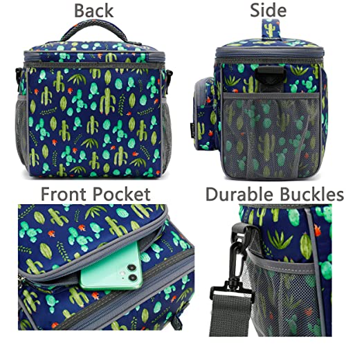 FlowFly Insulated Reusable Lunch Bag Adult Large Lunch Box for Women and Men with Adjustable Shoulder Strap,Front Zipper Pocket and Dual Large Mesh Side Pockets,Cactus - color: Cactus