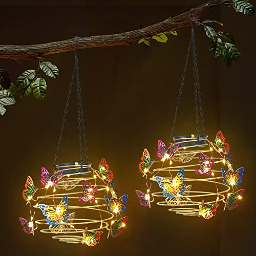 2 Pack Butterfly Solar Lights Outdoor Hanging Lantern with Handle, Solar Powered Butterflies Garden Decor for Outside Patio Yard Porch Pathway Butterfly Gifts for Women (Warm White LED Lights) - color: butterfly lantern