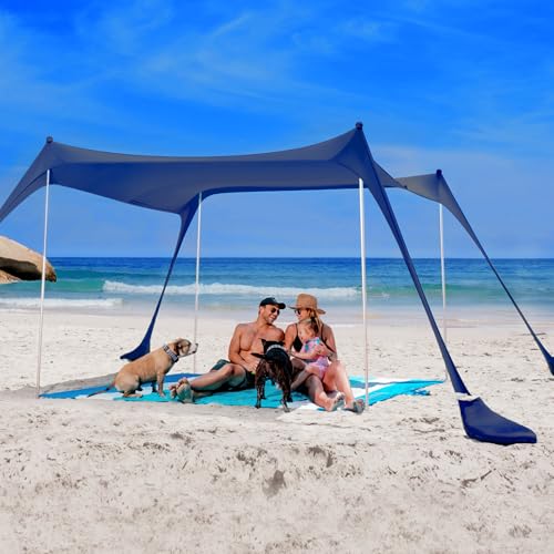 SUN NINJA Beach Tent Sun Shelter UPF50+ - Easy Pop Up Beach Canopy - Outdoor Shade for Camping Trips, Fishing, Backyard Fun Picnics - Sand Shovel, Ground Pegs & Stability Poles - color: Navy, size: 10x10 FT 4 Pole