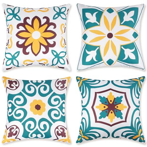 Pyonic Waterproof Outdoor Pillow Covers 18x18 inch Set of 4 Morocco Vintage Floral Boho Throw Pillow Covers Water Resist Outdoor Pillows for Patio Furniture Garden Yard,Turquoise - color: Turquoise, size: 18" x 18" (Pack of 4)