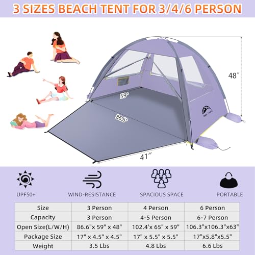 Happy Travel Beach Tent, UPF 50+ UV Protection Sun Shade Shelter for 3/4/5/6/7/8 Person, Portable Beach Canopy for Family & Baby, Lightweight & Easy Setup Beach Cabana with 3 Ventilation Mesh Windows - color: Purple, size: 3 Person