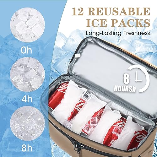 Scothen Backpack Cooler with Double Decker & 12 Ice Packs- Keeps 36 Cans Cold for Up to 24 Hours- Waterproof & Leak Proof Insulated Cooler Backpack- Stylish Cooler Bookbag for Women Travel Work Beach - color: Khaki