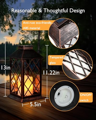 Homemory Solar Lanterns Outdoor Waterproof Hanging with Flickering Flameless Candles, 2 Pack 13'' Garden Outdoor Lantern Decorative for Patio Front Porch Backyard Balcony Cabin Outside(Antique Copper) - style: Copper