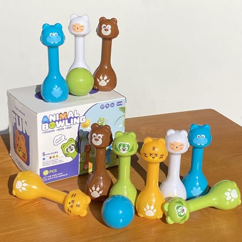 Bowling Set for Kids 2-5, Indoor Bowling Game Toy for 3 4 Year, 10 Plastic Bowling Pins 2 Bowling Ball, Animal Toddler Bowling Set, Birthday Gifts for 2 3 4 5 Year Old Boys & Girls