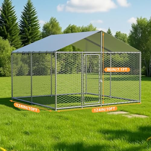 10x10 FT Extra Large & Heavy Duty Dog Kennel Run - Outdoor Metal Enclosure with Lockable Door and Waterproof Cover for Big Dogs - size: 124x124in