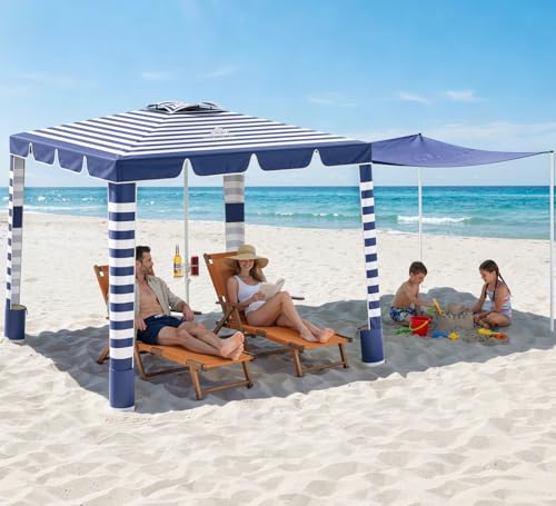 Rhino Valley Beach Cabana, 120 Sq. Ft Beach Canopy UPF50+ Protection, Easy Setup & Adjustable Height Beach Tent Sun Shelter with Cup Holder, Portable for 4-8 People, Blue & White Stripes - color: Blue & White Stripes
