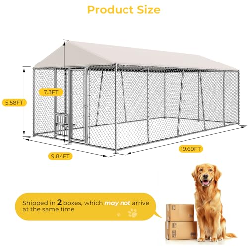 Lyromix 10 x 20FT Large Outdoor Dog Kennel with Bowls, Dog Kennel Outside with Waterproof Cover Roof, Galvanized Heavy Duty Chain Link Dog Runs Cage Playpen for Outside with Secure Lock