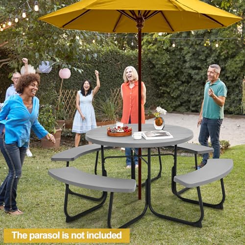 Tangkula 8 Person Picnic Table, Outdoor Round Picnic Table with 4 Built-in Benches, Umbrella Hole, Metal Frame & HDPE Tabletop, Outside Table and Bench Set for Backyard, 2300lbs Weight Capacity - color: Grey
