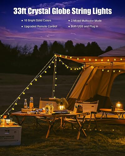Minetom Crystal Globe String Lights - 33 ft 100 LED USB Color Changing Globe Ball Fairy Lights with Remote and Timer, Waterproof for Bedroom Tent Loft Bed Window Party, 16 Colors and Multicolor, RGB - color: 33 FT - 16 Colors + Multicolor