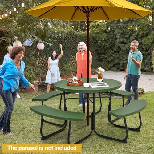 Tangkula 8 Person Picnic Table, Outdoor Round Picnic Table with 4 Built-in Benches, Umbrella Hole, Metal Frame & HDPE Tabletop, Outside Table and Bench Set for Backyard, 2300lbs Weight Capacity - color: Green
