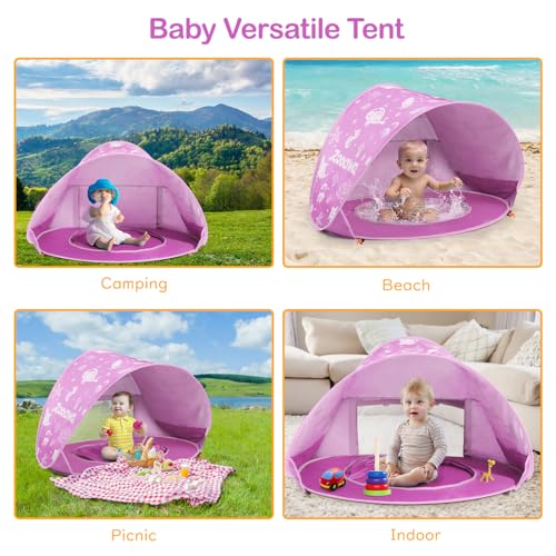 Baby Beach Tent, Pop Up Beach Tent Sun Shade for Beach, Portable Shade Pool UV Protection Sun Shelter for Infant with Beach Sand Toys Set - color: Patterned Pink