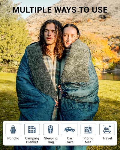 KingCamp Large Camping Blanket with Sherpa Lining, Packable Down Alternative Puffy Printed Wearable Blanket with Snap Buttons, Warm Weatherproof Quilt for Outdoor Travel (79" L x 57" W, Grey/Navy) - color: Sherpa-grey/Navy, size: 79" x 57"- Sherpa Fleece