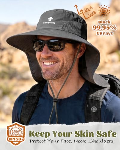 Camptrace Sun Hats for Women Men UPF 50+ UV Protection Wide Brim Hiking Fishing Hat with Neck Flap - color: 06-dark Grey