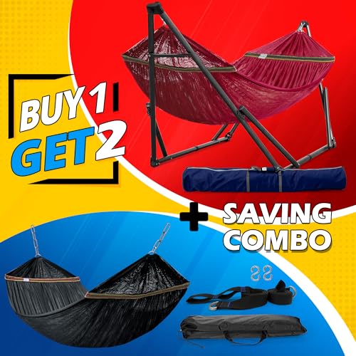 Tranquillo Combo x2 Hammocks with Stand for Outside & Tree Straps, Heavy Duty Hammock with Stand 600lbs for Indoor Outdoor Patio Backyard, x2 Hammocks for 2 Person (Combo - Red, Medium) - color: Combo - Red