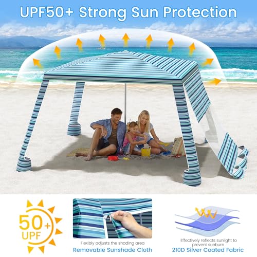 MoKo Beach Cabana, 8'×8' Large Beach Canopy with Side Wall, UPF 50+ Protection Easy Setup Beach Tent Sun Shelter, Adjustable Height Wind Resistant Cabana Beach Tent for Whole Family, Blue-Green Stripe - color: Blue-Green Stripe
