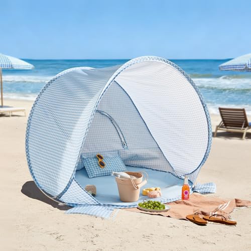 Tiny Land Baby Beach Tent – Pop Up Baby Tent with UV Protection, Portable Baby Beach Essentials, 35.4"x27.6"x31.5" Sun Shelter for Infants, Baby Summer Outdoor Use (Light Blue Gingham) - color: Light Blue Gingham