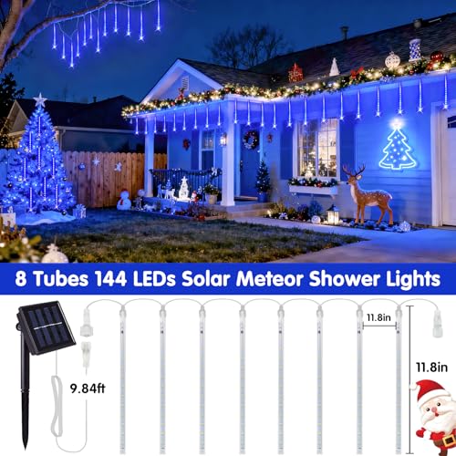 JMEXSUSS Solar Christmas Lights Outdoor, 8 Tube 144 LEDs Solar Meteor Shower Lights Outdoor, Hanging Blue Christmas Light for Tree Icicle Garden Yard Patio Gazebo Party Xmas Decor - color: Blue, size: 1*144LED