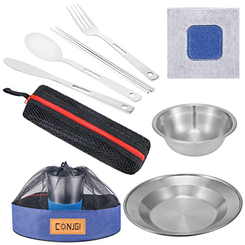 Outdoor Camping Mess Kit - 1 to 2 persons Camping Dishes Includes Cups, Bowls, Dishes, Knives, Forks, Spoons, Etc, Camping Dinnerware Set with Mesh Bag is Easy to Carry Camping Tableware Set - color: 1 person set blue