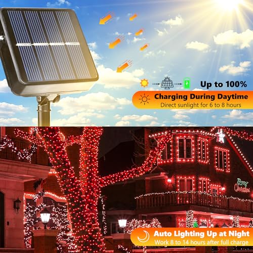 Joomer Solar Christmas String Lights, 39FT 100LED Waterproof Outdoor Lights with 8 Modes Twinkle Fairy Light for Garden, Patio, Yard, Tree and Christmas Decor (Red) - color: Red