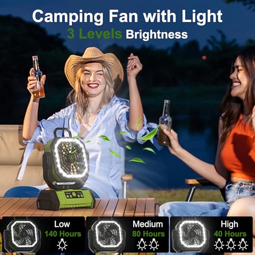 Honesorn Portable Rechargeable Fan 20000mAh, Camping Fan with LED Light & Remote, USB C Cordless Battery Powered, 4 Speeds Timer Hanging Hook for Travel Tent Outdoor Essentials - Green - color: Green