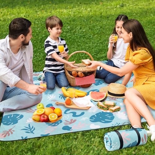 PY SUPER MODE Extra Large Waterproof Picnic Blankets 83x79 Inches - 5 Layer Outdoor Picnic Mat for Beach Camping Park Lawn, Windproof Anchor System with Stakes, Foldable Blue&Green - color: Blue&green
