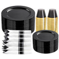 EI 350pcs Black Plastic Plates Disposable Heavy Duty Plastic Dinnerware Set Pre Silverware and Napkins Set Black and Gold Cups for Party Suit for Party,Wedding,Afternoon Tea,Spring,Valentine's Day - color: Black Plastic Plates Dinnerware