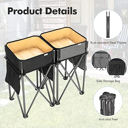 Goplus 2 PCS Folding Camping Tables, Portable Picnic Tables with Large Capacity Storage Sink, Side Pockets, Anti-Skid Feet, Lightweight Tables for Hiking, Fishing, BBQ, Beach (Black+Grey) - color: Black+grey